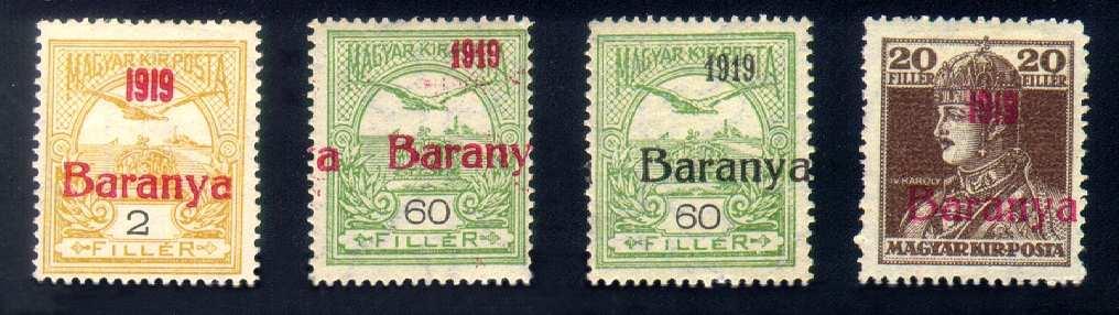 The private overprints of Baranya s first issue are listed in the Brainard catalog as DP1 to 8 (from upper left to lower right in the illustration above). We consider only DP4 as a trial printing.