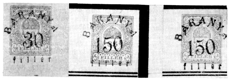 150 fillér on 35 fillér large format envelope 3,581 The overprints were executed in red. The top line of the overprint is BARANYA, in the center is the new denomination, at the bottom is fillér.