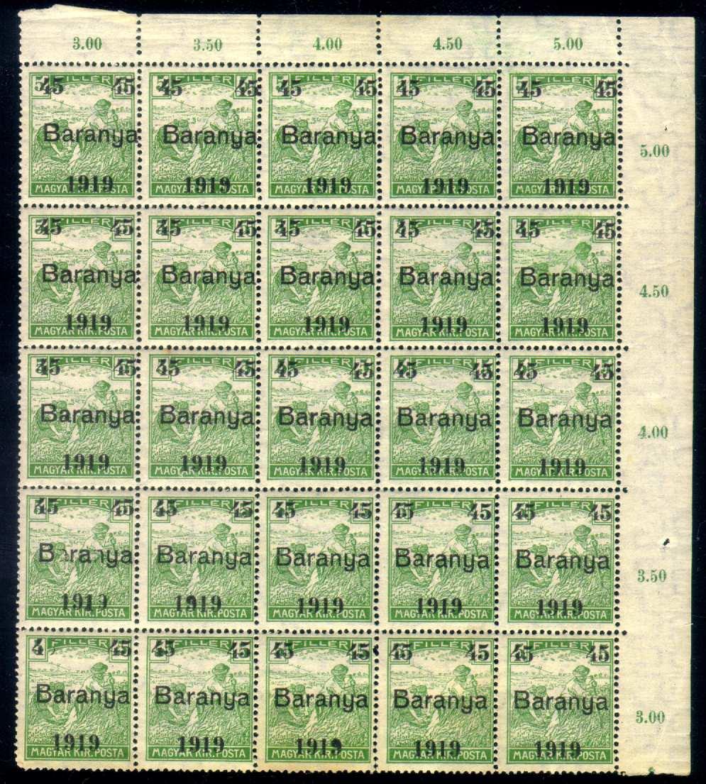 Quarter sheet of 5 fillér harvester base stamps overprinted and revalued to 45 fillér in black, using the quick press (Brainard #D25).