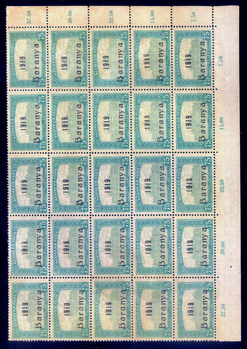 Quarter sheet of 75 fillér parliament base stamps overprinted using the pedal press (Brainard #D28).