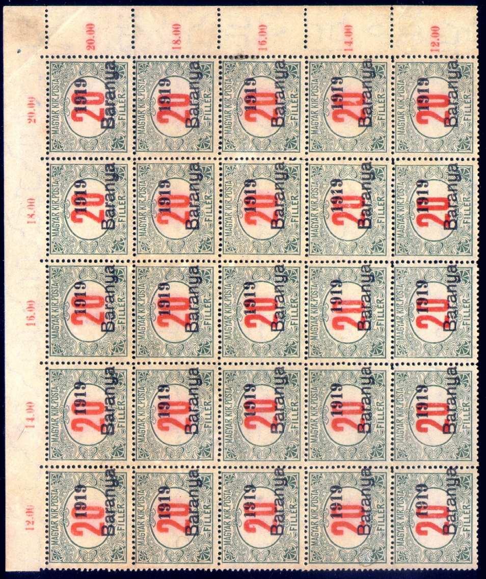 Quarter sheet of 20 fillér postage due base stamps overprinted using the pedal press (Brainard #D48).