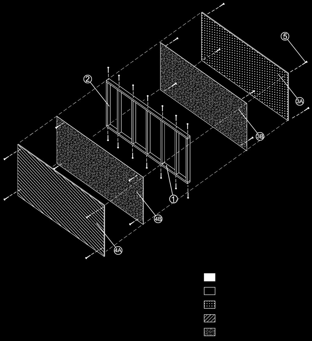 Section D: left wall PART NAMES 1: Crosspiece 2 2: Stud 7 3A and 3B: Interior wall cladding and vapour barrier 4A and 4B: Exterior wall cladding and air barrier