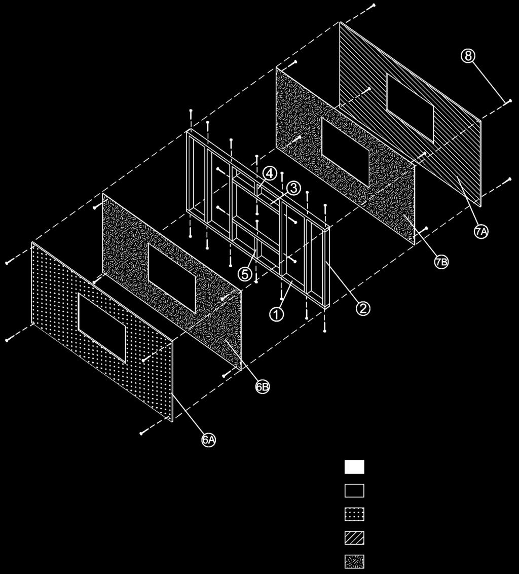 Section E: right wall PART NAMES 1: Crosspiece 2 2: Stud 6 3: Header 2 4: Upper cripple stud 5: Lower cripple stud 6A and 6B: Interior wall cladding and vapour barrier 7A and 7B: Exterior