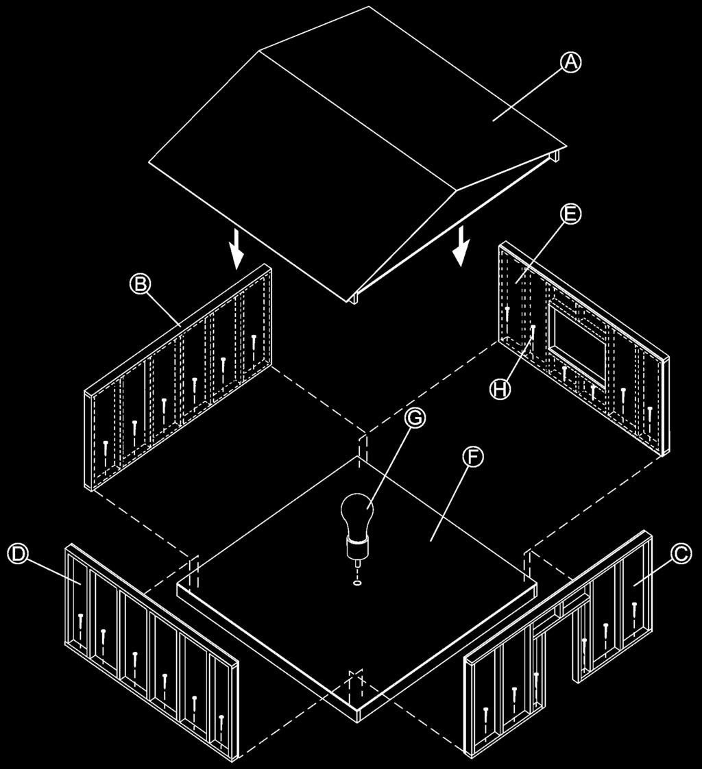 Exploded view of the prototype of the energy-efficient house SECTION NAMES A: Roof B: Back wall C: Front wall D: Left wall E: