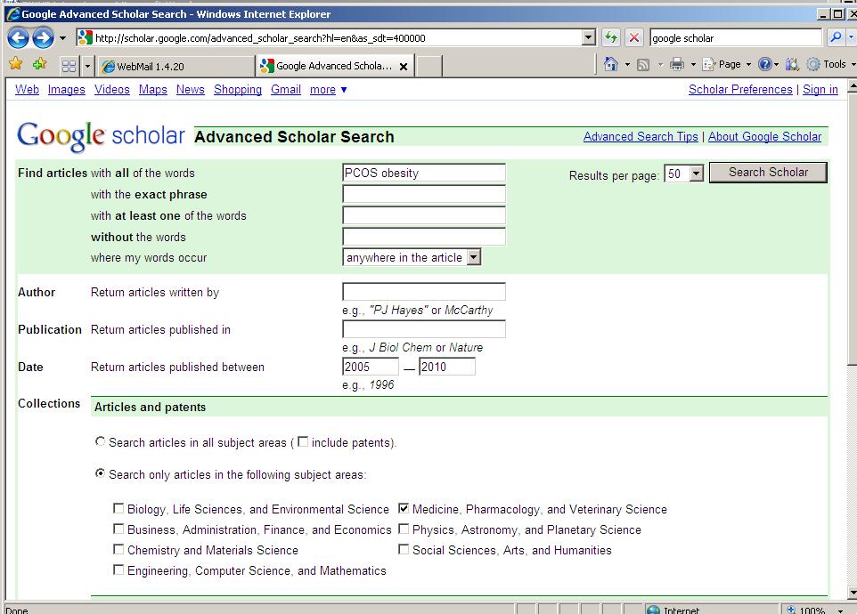 3. Click Save preferences, unless you have other changes (I usually want more results displayed). Doing a search Next, choose Advanced scholar search to begin your search.