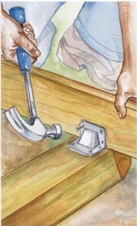 Secure the joists to the outer skids with angles. Drive hanger nails into the joists and 16d nails into the skids. 1. Snap chalk lines on the floor for the wall plates. 2.