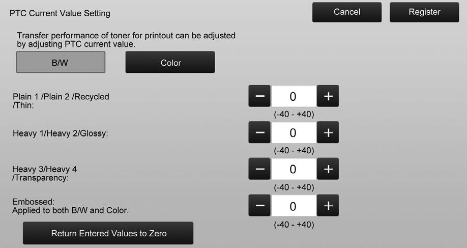 1.4.3 PTC Current Value Setting 1) Select [Color Balance Adjustment (for Copy)] in the Image Quality Adjustment This performs toner transfer adjustment by fine tuning PTC current value.