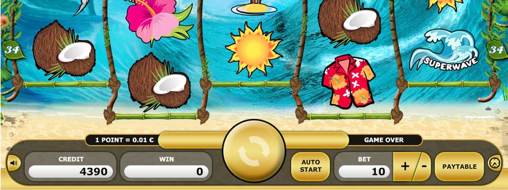Screenshots The following image shows a screenshot of the game: Figure 1: Screenshot of Superwave 34 Features 5 reels 34 paylines (Paylines are evaluated from the left and from the right.