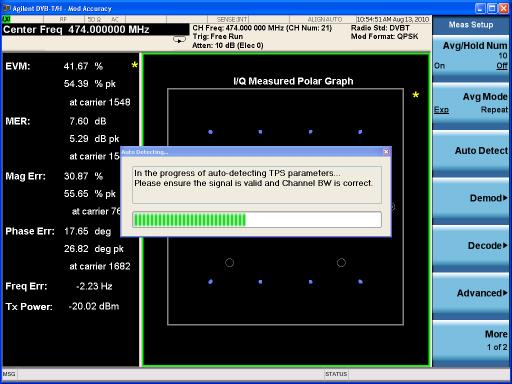 DVB-T/H/T2 Transmitter Measurements Step Do one of the following to set the demodulation settings: Press Meas Setup, Auto Detect. Press Meas Setup, Demod, and then, Press FFT Size, 2K.