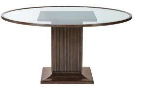 Square pedestal base with fancy face top. Round tempered glass top with wood rim. Adjustable glides. Arabica finish.