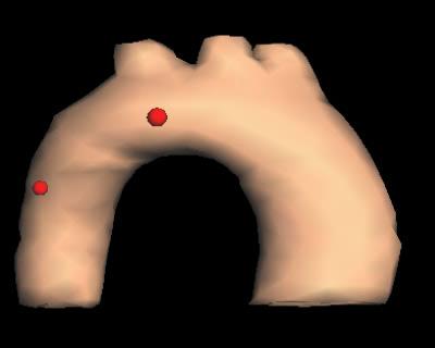 Figure 2: Palpation simulation [4]. Red spheres are the manipulation point such as fingertips.