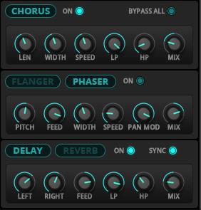 The FX units are connected in series, so the sound passes through the Chorus first, then the Flanger / Phaser and finally the Delay / Reverb. The Bypass button, bypasses all the effects.