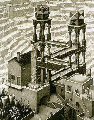 Illustratsioon 2. M. C. Escher teosed Kosk (vasakul) 6 ja Trepist üles ja alla (paremal) 7. Kosk on kuulus litograafiline trükk, milles on esindatud paradoksaalsed elemendid.