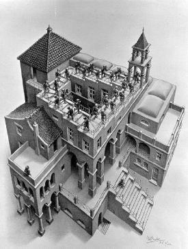Teoses Trepist üles ja alla kasutas Escher inspiratsioonina Penrose i treppe ning lõi lõputud trepid, mida mööda grupp inimesi lõputult üles ja alla liiguvad [8].