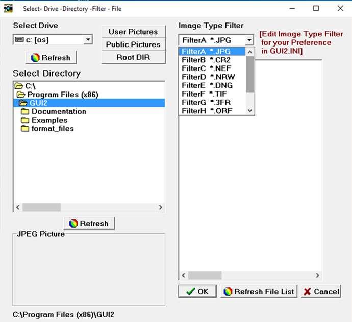 Select Drive, Folder, Filter Select Image Drive Quick Selection Buttons