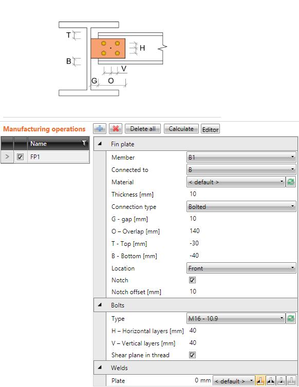 IDEA Connections user guide 48 4.4.10 Fin plate Manufacturing operation Fin plate connects member using a connecting plate (transferring mostly shear loads) to flange or web of another member.