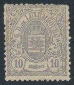 Luxembourg Portugal 1275 * #33 1875-1879 10c gray lilac Coat of Arms, mint with hinge remnant as well as the top part of gum with paper adhesion, toning spot on perf at