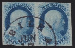 ... Scott $425 1202 8 #7 1875 1c blue Franklin Imperforate Horizontal Pair, Type II, used, with part