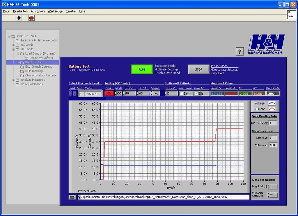 current - voltage - time Waveform Editor The Waveform Editor permits the intelligent generation of load profiles in the form of straight sections.