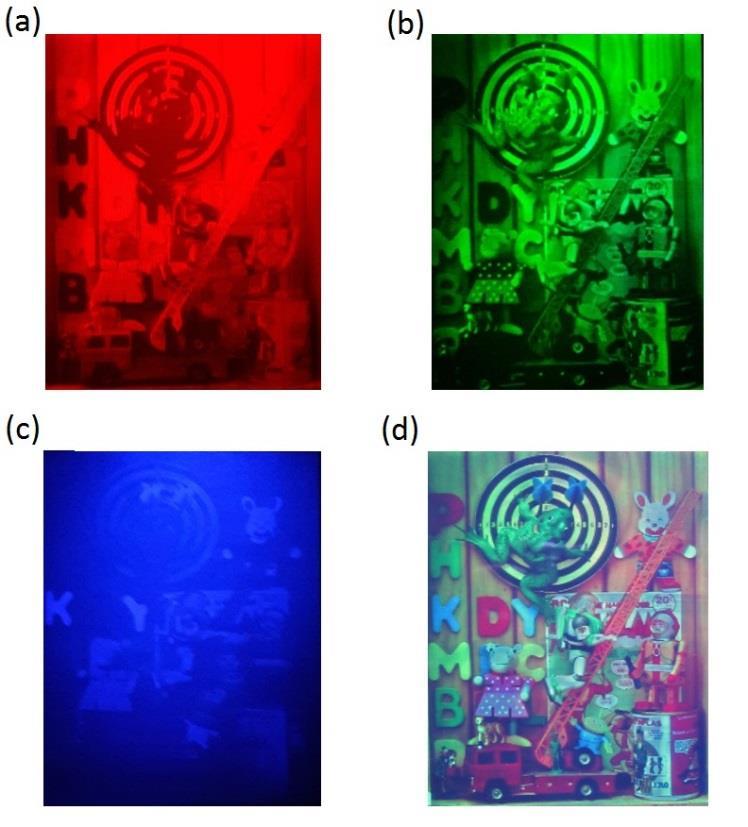 Hologram (recorded with a 440+532+660 combination of pulsed lasers) illumination with RGB LEDs: red hologram (a), green hologram (b), blue hologram (c) and RGB hologram (ratio 1:1:1) (d) These