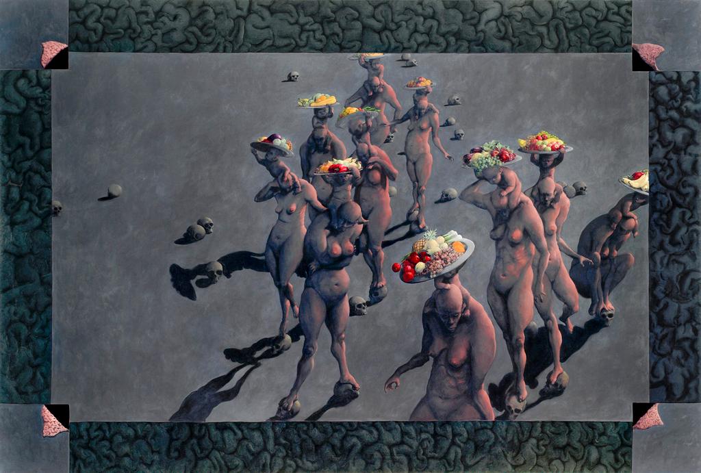 God s War Trick, 1991 The monumental painting God s War Trick depicts a group of naked, primitive, and bald female creatures wandering in a dark underworld with their infant offspring.