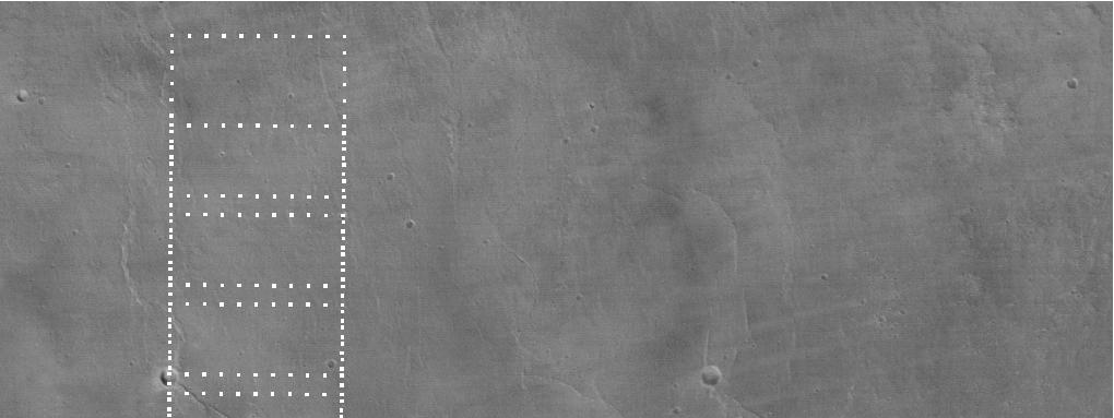 Fig. 6a: Portion of a HRSC swath (orbit 68, near the caldera of Ascraeus Mons) with image footprints of SRC images shown.