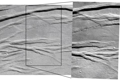 Fig. 7: Left: Small portion of the HRSC swath within the Olympus Mons caldera, obtained during orbit 37. The black rectangle (size: approx. 2 x 4 km) marks the area, where SRC images were obtained.