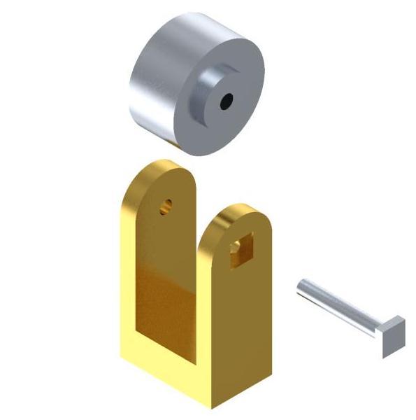 A pin is needed to secure the pulley to the bracket. The pin must not fall through the bracket.