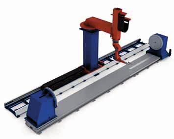 The C-frame with vertical stroke is directly mounted on the floor or a floor-mounted linear track. High repeatability (± 0.