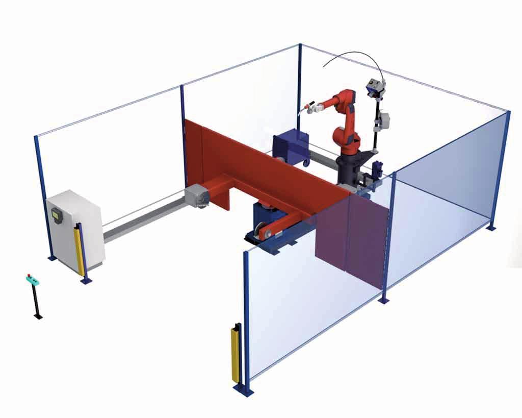 Compact system C20 "Ready to weld system" with two-station rotary table incl. a turning axis and a counter bearing per station. The robot is mounted in upright position.