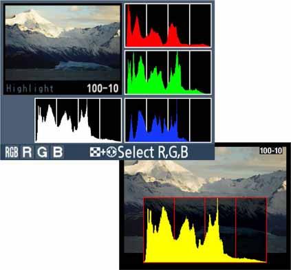 RGB histograms Exposure confirmation at a glance Indicating saturated highlights to assist adjustment decisions for exposure and white balance