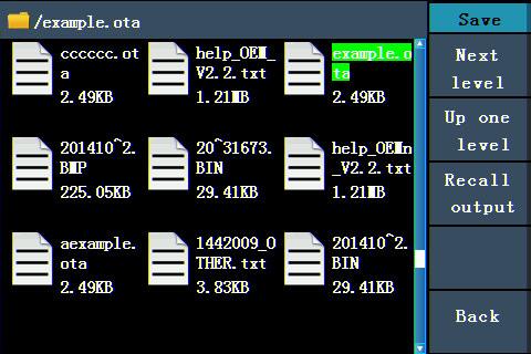 (2) Select USBDEVICE, enter Next Level. Turn the knob or press / direction key to select the saved example.ota waveform file. Figure 5-51: choose the.ota file (3) Choose Recall output.