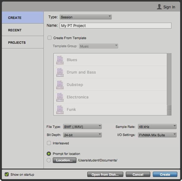 Protools 12 HD startup Creating a New Session 1. Create a project folder in the AUDIO_RAID. Create your folder inside of the Class folder for your semester, eg.