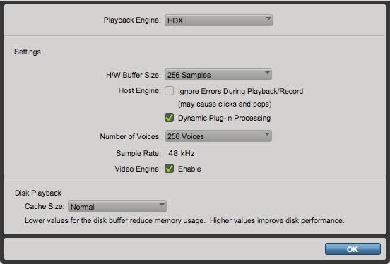 Go to the setup menu and choose Playback Engine Make sure the Playback Engine is set to HDX 5. The settings here are optimized for the Hardware and Software setup in the mix suite.