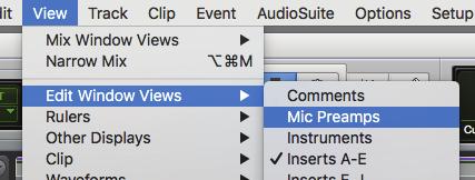To view the preamp controls, select View > Edit Window Views > Mic Preamps Here we can see preamp controls for each input.