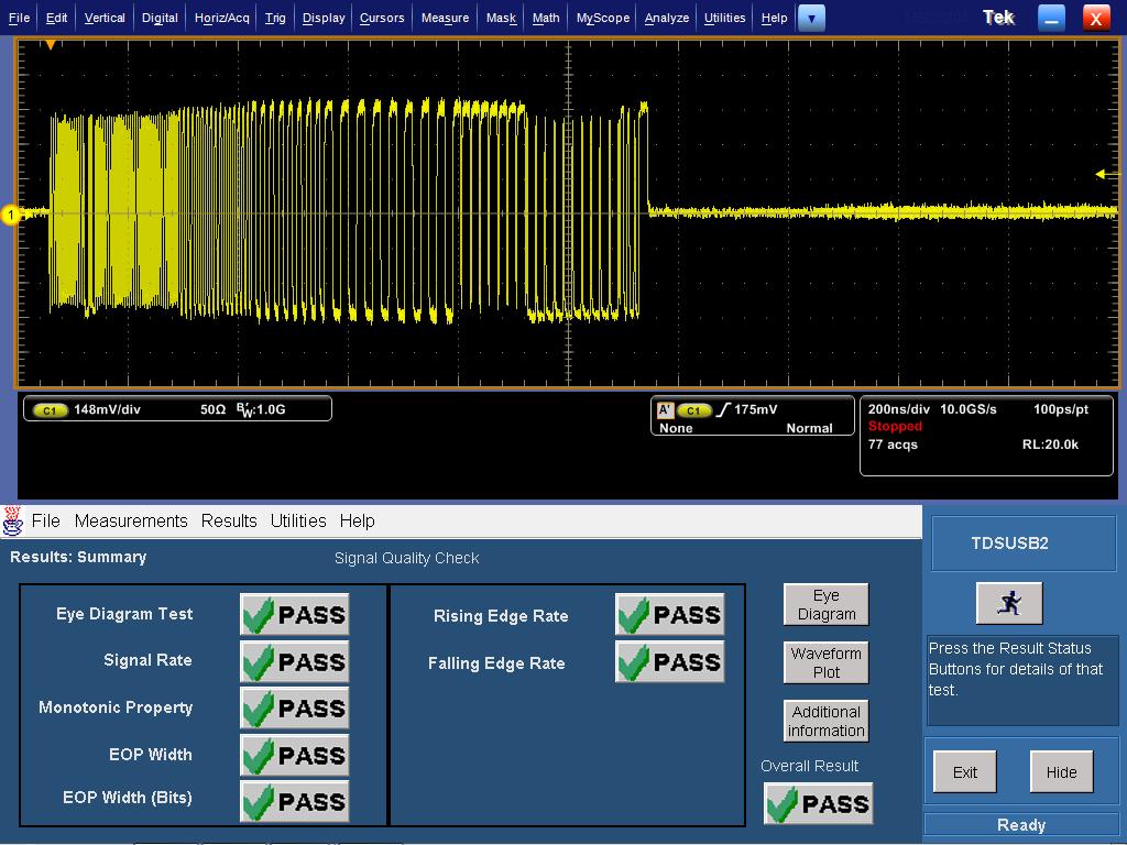 With the MSO/ DPO5000 Series, you can have the oscilloscope automatically search through the acquired data for user-defined criteria including serial packet content.