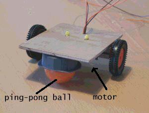 The robot has only 2 wheels which are driven by 2 independent motors. The third wheel is a ping-pong ball. This enables the robot to turn on the spot.
