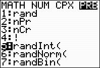 Generating Random Integers in Lists: Go to MATH PRB Choose #5 randint( Enter randint followed by the smallest value in the desired range, the largest value, and the number of terms needed.