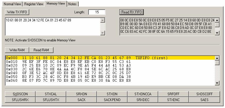 Sending of IEEE 802.15.4 compliant packets can also be done in Normal View from the PACKET TX panel.