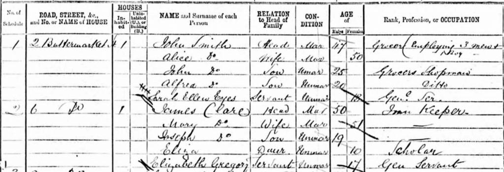Appendix James Clare, Inn Keeper The 1871 census has James CLARE #334 aged 50 living with second wife Mary and two of their children Joseph and Eliza at 6 Buttermarket Street, Warrington: 1871 UK