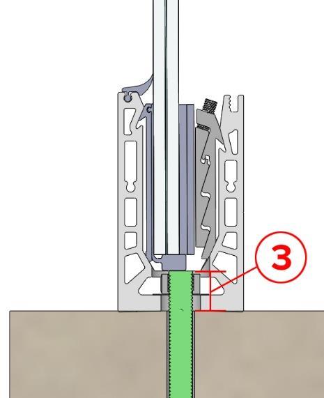 In each case responsible structural engineer specifies the distance between the anchor/threaded bar and concrete edge according to the load class. 1) Glass thickness 2) Max threaded rod length 13.