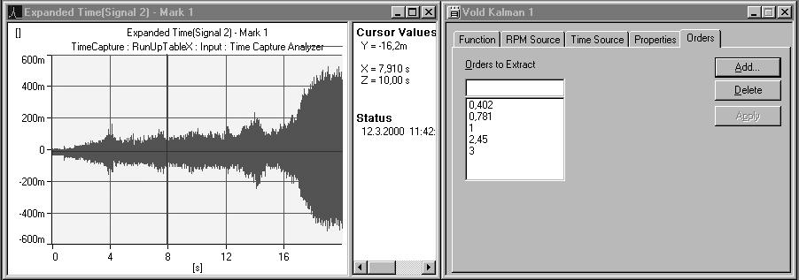 The RPM value is evaluated from the time interval between two consecutive impulses. The trigger level, hysteresis and slope are set up in the tacho setting property page.