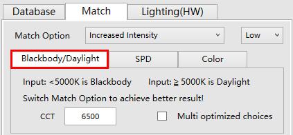 The software will optimize the output SPD to match Blackbody (<5000K) or CIE