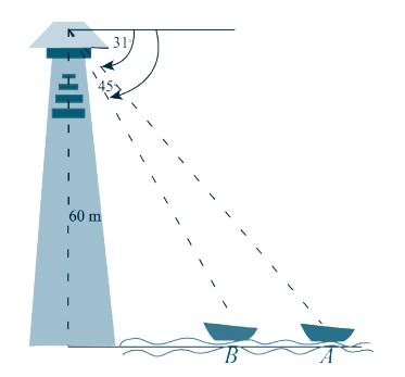From a sixty meter tall lighthouse a boat A is observed at sea with an angle of depression of 31 o and another boat B with an angle of depression of 45 o (see the figure).