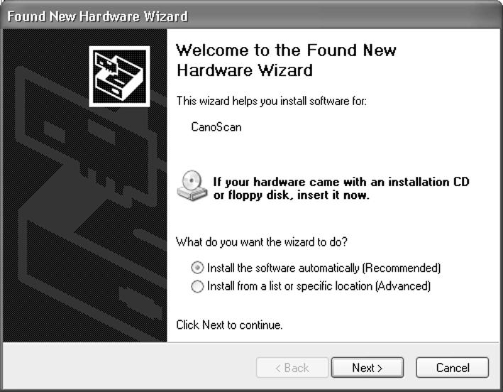 If the "Found New Hardware Wizard" or "Add New Hardware Wizard" appears, click [Cancel].