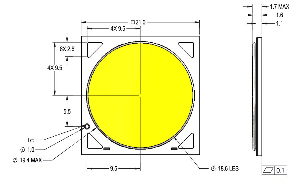 Mechanical Dimensions Figure 9: Drawing for V18 LED Array Notes for Figure 9: 1. Solder pads are labeled + and - to denote positive and negative polarity, respectively.
