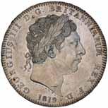 1847 George IV, silver crown, 1822 secundo (S. 3805). Brooch pin mounts removed from obverse, otherwise toned very fine. $80 1840* George III, new coinage, silver crown, 1818 LIX (S.3787, ESC 215).