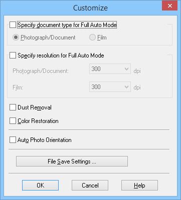 Scanning 4. If you want to select a custom resolution, restore faded colors, remove dust marks, or select file save settings, click Customize.