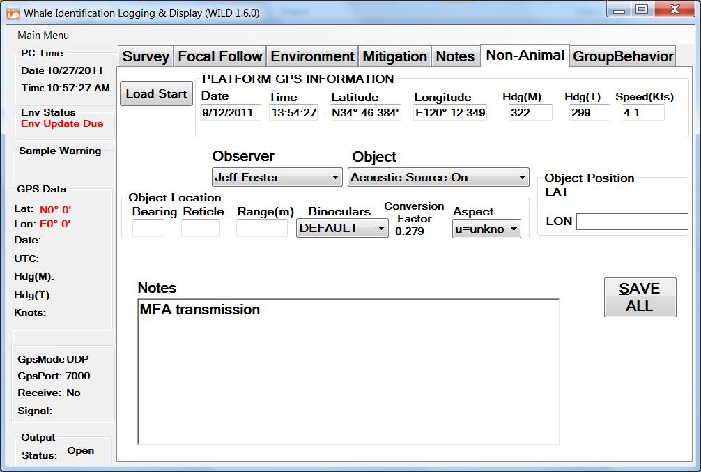 Non-Animal Observation tab within the WILD Logger program demonstrating the recording of the position