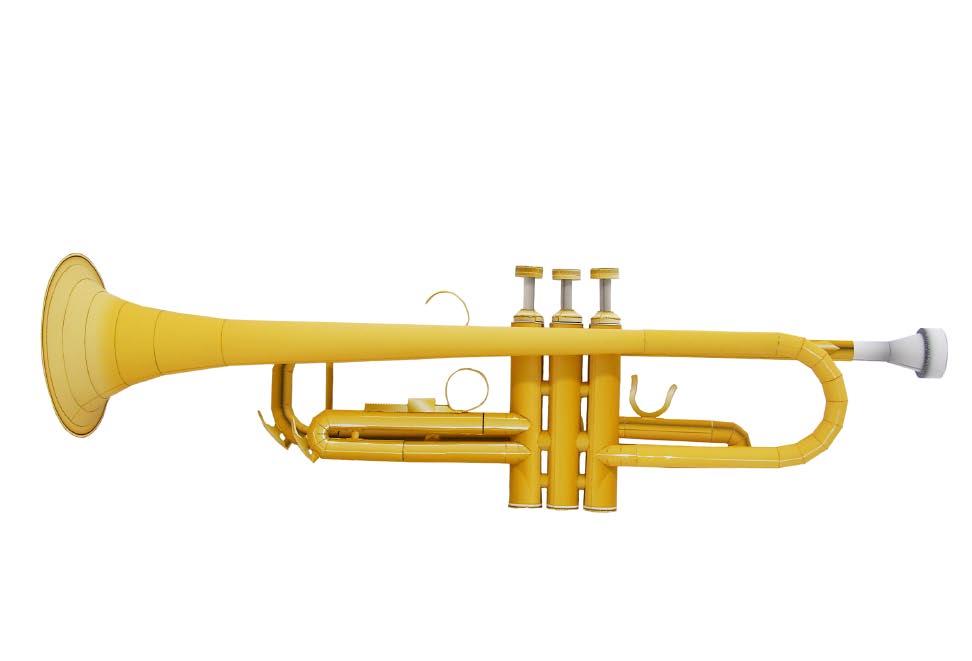 A trumpet is a brass instrument which is played by blowing air into the mouthpiece and causing vibrations with the lips, while operating piston or rotary valves.